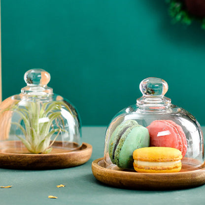 Luxurious Small Glass Dome Cake Tray with Solid Wood Base