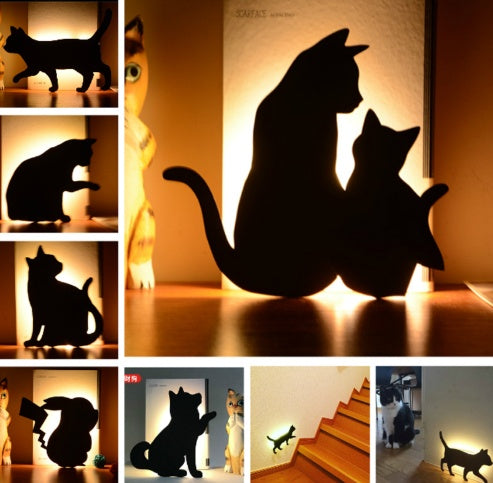 Cute Cat Shadow LED Night Light Motion Sensor Torch Wireless USB / Battery