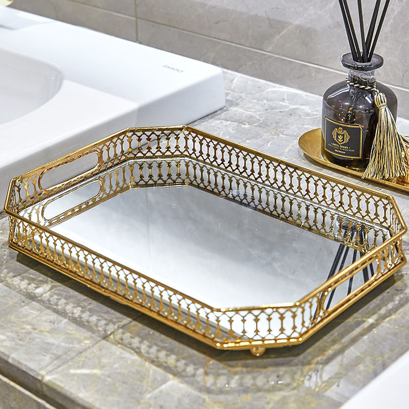 Round Rectangular Gold Plated Round Serving Decorative Mirror Tray