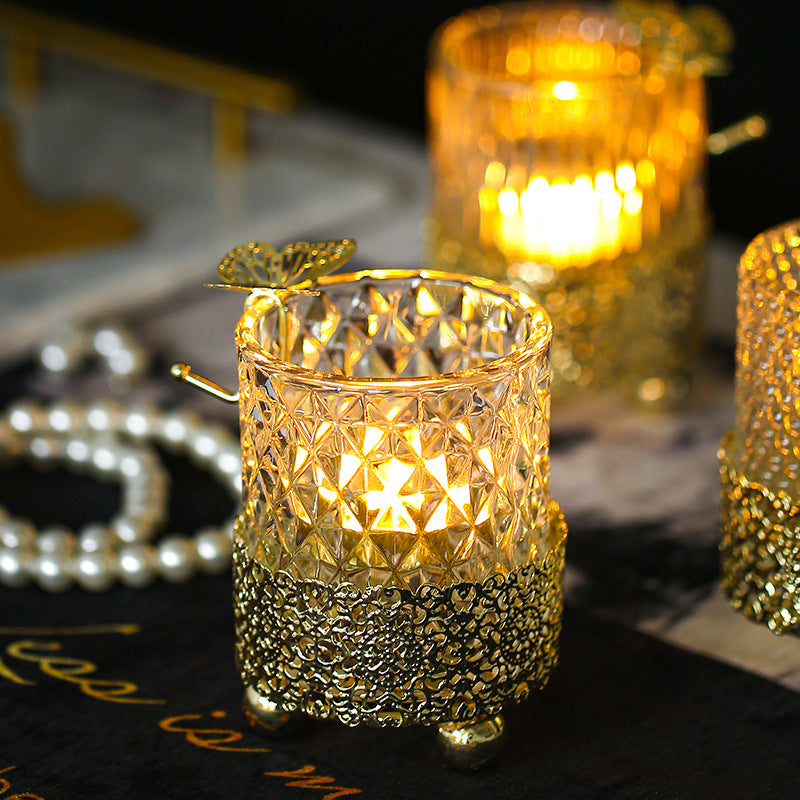 Glass Crystal Gold Lace Base Glass Tealight Candle Holder